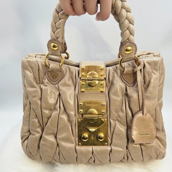 Miu Miu Matelassé Tan Leather Two-Way Bag - Picture 5 of 17